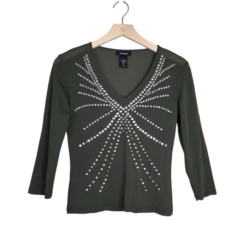 Express Women's M Dark Green Semi Sheer Gold Stud Pullover